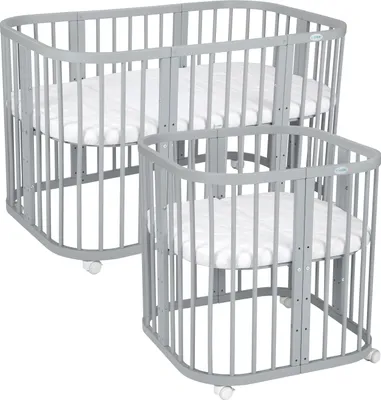 Two gray cribs of different sizes are shown side-by-side against a white background.