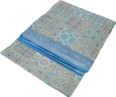 Produktbild von Orientalische Patchwork Brokatdecke, Indische Tagesdecke - Blau, Viskose, 220*270*0,5 cm, Patchwork Steppdecke aus Indien