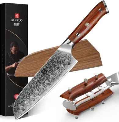 Image de XINZUO couteau Santoku 18cm en acier damassé avec manche en bois de rose