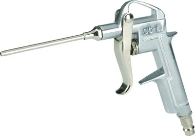 A silver air duster gun with a long nozzle is shown against a white background.