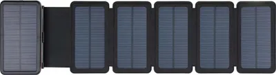 A foldable solar charger with six panels laid out flat.