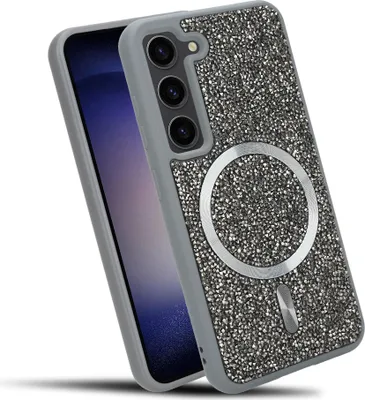 Produktbild von Cadorabo Hülle für Samsung Galaxy S23 Hülle Glitzer kompatibel mit MagSafe in GRAU magnetische Handyhülle Sparkle Diamond für Samsung Galaxy S23 stoßfeste Diamant Crystal Schutzhülle mit Magnetkraft