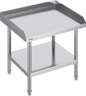 A stainless steel work table with a lower shelf and a raised backsplash on three sides.