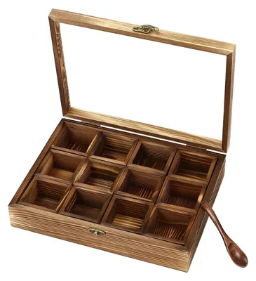 Produktbild von Gewürzbox aus Holz - Gewürzbehälter Set - 12 Behälter - Holzlöffel - Wiederverwendbare Aufbewahrung für Gewürze in der Küche