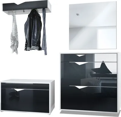 Produktbild von Vladon Garderobe Kolmio 190 x 185 x 33 cm Flurgarderoben Set, Germany, Korpus in Weiß matt, Fronten in Schwarz Hochglanz | Große Farbauswahl