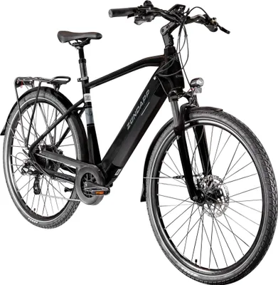 A black and gray electric trekking bicycle is shown against a white background.