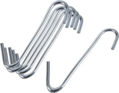 A group of S-shaped hooks arranged on a white background.