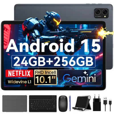 VekfulPC 10 Zoll Set Tablet, 24(8+16)GB RAM+256GB ROM (2TB TF), Android 15/5000mAh/Widevine L1/5G WiFi/Face ID, Grau