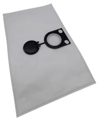 A vacuum cleaner bag with a black plastic connector.