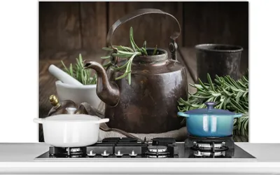 Produktbild von KitchenYeah®  Spritzschutz Küche - Küchenrückwand - Wandschutz für Herd und Spüle - Tee - Teekanne - Gewürze 100x65 - Alu-Dibond (Alternative zum Spritzschutz aus Glas) - Hitzebeständig - Herdspritzsc