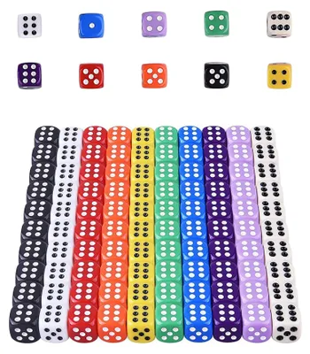 Productafbeelding van Zeszijdige dobbelstenen, set van 100 stuks, 14 mm, kleurrijk, voor bordspellen