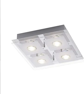 A modern square LED ceiling light with four frosted glass panels and integrated lights.