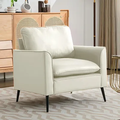 Image de Fauteuil individuel de style nordique rétro, revêtement en similicuir résistant aux rayures, design minimaliste et luxueux, fauteuil de détente pour salon, balcon ou chambre, aspect élégant, structure en bois stable, rembourrage confortable, facile d'entretien, couleur marron
