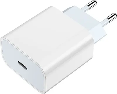 A white USB-C power adapter with European-style prongs.