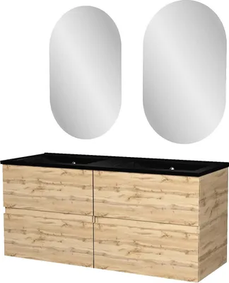 Image de Meuble Salle de Bains 120cm 4 Tiroirs Chêne Naturel + Vasque Noire et Miroirs Ovales