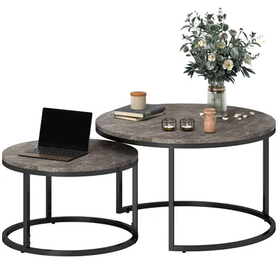 Produktbild von Set aus 2 stapelbaren runden Couchtischen, mit Metallgestell, Marmoroptik, grau.