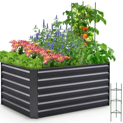 Produktbild von Quictent Hochbeet Metall 120 x 90 x 56cm, Kräuterbeet ohne Boden für Garten, Gemüsebeet Pflanzkasten Frühbeet mit Tomatenkäfigen,Grau