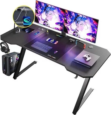 Productafbeelding van Gamingtafel en bureau 120 x 60 cm met koolstofvezeloppervlak en hoofdtelefoonhaak, zwart