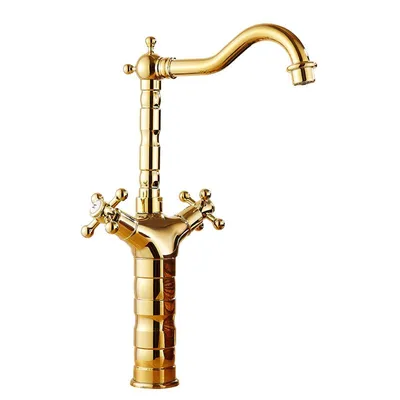 Produktbild von Antike Messingarmatur, Zweigriff-Mischbatterie, Keramikkartusche tropffrei, gebürstetes Retro-Design, langlebiger Messingkörper, Gold Hoch