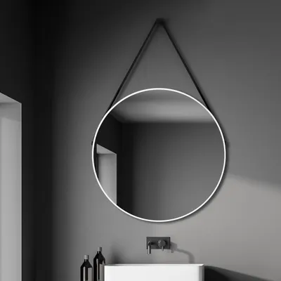 Produktbild von Wandspiegel 80 cm, rund, matt weiß, Aluminiumrahmen, Lederband