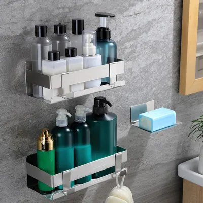 Produktbild von Duschablage ohne Bohren Edelstahl 2er Set mit Seifenschale und 4 Haken Silber