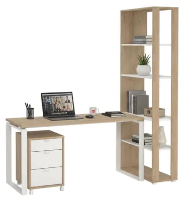 Produktbild von Schreibtisch Etienne, Mehrzweckschreibtisch, Bürotisch für PC, Eckschreibtisch, 184x80 h205 cm, Eiche und Weiß