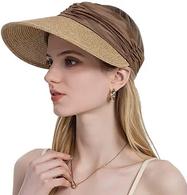 Immagine prodotto di Cappello da sole da donna Unyqoos® in paglia intrecciata a mano, con ampia tesa, pieghevole e leggero, regolabile da 55 a 59 cm con elastico – protezione ideale per la spiaggia e le attività all'aperto