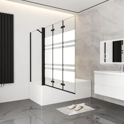 Produktbild von AICA 130cm Schwarz Faltwand 3 teilig Badewanneaufsatz mit 75cm Seitewand 6mm Nano ESG