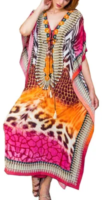 Produktbild von Elzusha - Böhmisches Kaftan-Kleid, Maxikleid, Strandkleid, Braun, Rosa