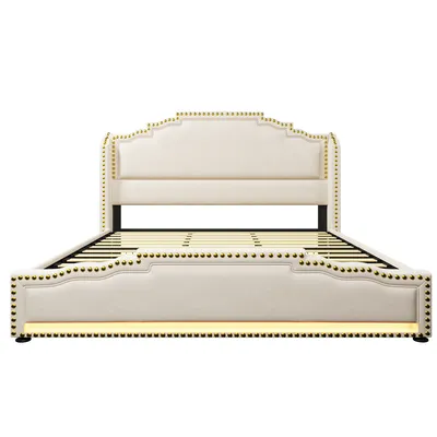 Produktbild von Flieks Polsterbett 180x200cm mit USB & Type-C, Stauraumbett Doppelbett mit 4 Schubladen & LED, Holzbett Jugendbett mit Lattenrost, Samt, Beige
