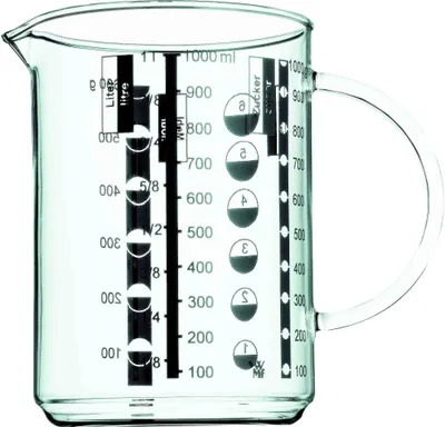 A clear glass measuring jug with volume markings.