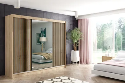 Produktbild von ALTDECOR Kleiderschrank mit Spiegel und Lamel-Schiebetüren, kugelgelagerte Führungsschienen und Aluminium-Leisten, LED-Beleuchtung und Fernbedienung - VILO - 250 cm - Sonoma Eiche/Lamelle Eiche Wotan