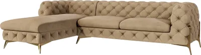 Produktbild von S-STYLE MÖBEL - Chesterfield Ecksofa mit Ottomane links Nova mit Goldene Metall Füßen aus Beige Samtstoff, B/T/H: 305 cm/ 200 cm/ 75 cm