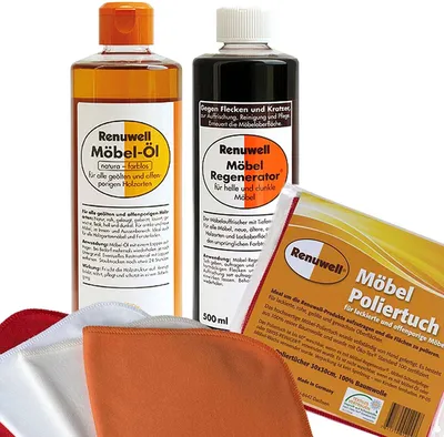Produktbild von Renuwell Möbel Öl 500 ml - Regenerator 500 ml - Möbel Poliertuch 4er Pack