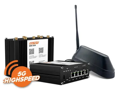 A product shot of networking equipment, including a router and antenna, against a white background.