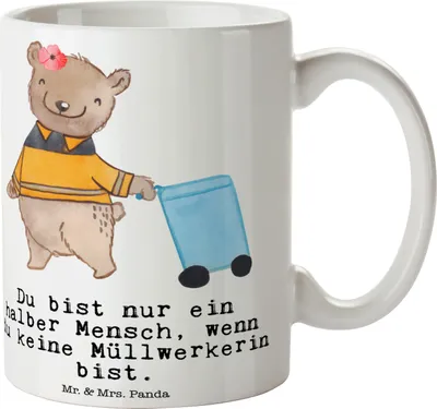 Produktbild von Mr. & Mrs. Panda Kaffeetasse Müllwerkerin Herz - Weiß - Geschenk, Lustig, Spruch, Bedruckte Tasse, Kaffeebecher, Trinkbecher, Müllfrau, Witzig, Becher, keramik