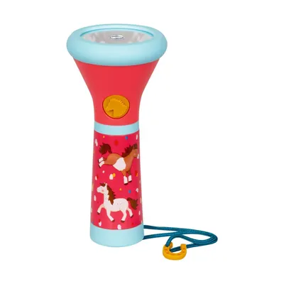 A children's toy flashlight with horse illustrations.