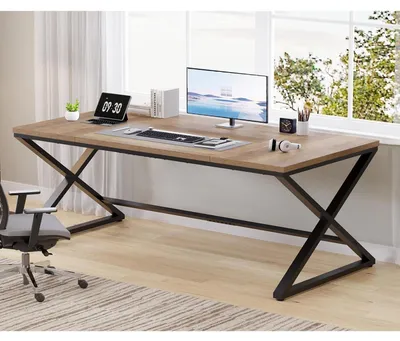 Immagine prodotto di Scrivania da 180 cm, nera, in MDF con gambe in metallo a forma di X, ideale per l'ufficio domestico e il gaming