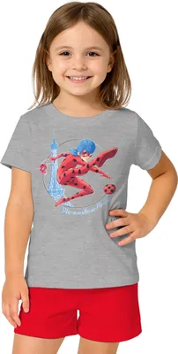 Produktbild von Miraculous Schlafanzug für Mädchen - Ladybug Kinder Pyjama Set Kurzarm Oberteil mit Hose Grau/Rot 122-128