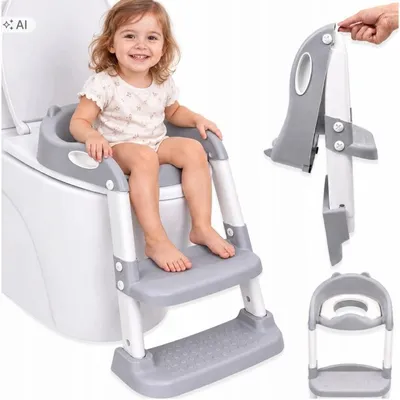 Produktbild von Toilettentrainer mit Treppe für Kinder WC Sitz mit 2 Stufen Griffen weichem Sitz klappbar Grau Weiß