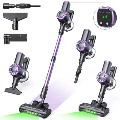 Image de Aspirateur sans fil Lubluelu 75000 Pa, brosse anti-enchevêtrement des poils, éclairage vert, station d'accueil, idéal pour les poils d'animaux, les tapis et les sols durs, modèle P2 violet