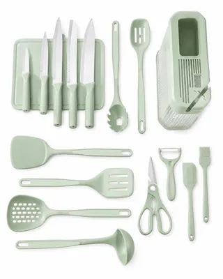 Produktbild von 17-teiliges Küchenutensilien-Set in Pastellgrün – 5 Messer, Schneidebrett, Küchenhelfer, Schere, Schäler & Aufbewahrungsständer, KI-generiertes Bild