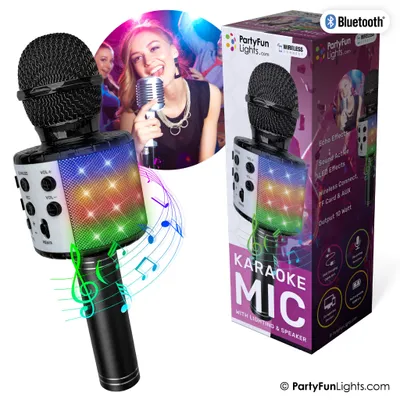 A collage showing a karaoke microphone, its packaging, and a woman singing.