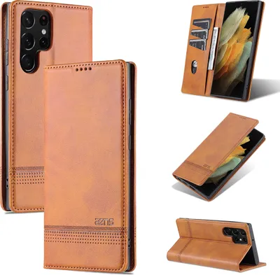 Produktbild von Galaxy S22 Ultra 5G Leder Hülle, Klapphüllen Brieftasche Magnetverschluss Ständer Schutzhülle für Samsung Galaxy S22 Ultra 5G Braun