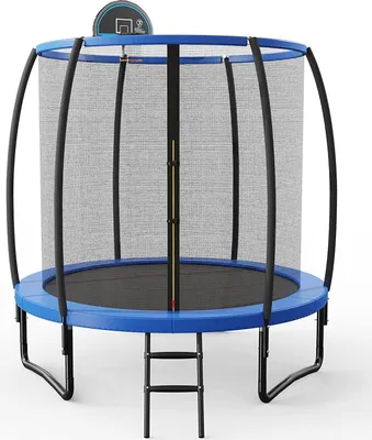 Produktbild von GOPLUS 244cm Trampolin mit Netz, bis 150 kg, Gartentrampolin mit Basketballkorb & Basketball, Sicherheitsnetz aus 130g/m2 PE & Sicherheitsmatte 380g/m2 PVC