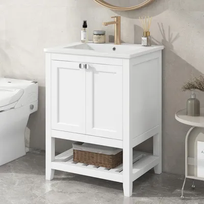 Zdjęcie produktu dla Umywalka z szafką podumywalkową Merax, umywalka z szafką podumywalkową, umywalka ceramiczna, 2 drzwi, mała stojąca szafka łazienkowa, 60×46×90 cm, biała