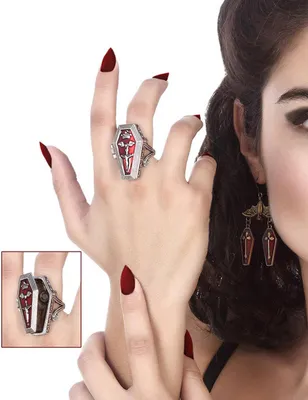 Image de Bague en forme de cercueil, accessoire d'Halloween rouge et argent - Taille unique