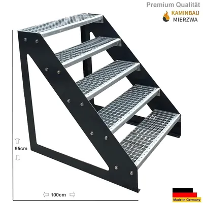 Produktbild von Freistehende Wangen- Stahltreppe 5 Stufen Verzinkt Breite 100 cm mit Pulverlackierte Wangen in Anthrazit Höhe 95 cm Gitterrost