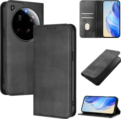 A collage of images showing a black leather phone case for a Xiaomi 15 Ultra, with various angles and views.