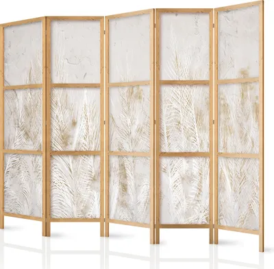 Produktbild von Paravent 225x172 cm 5-teilig einseitig eleganter Sichtschutz Raumteiler Trennwand Raumtrenner Holz Design Motiv Deko Home Office Botanik Natur Abstrakt b-A-10385-bh-b